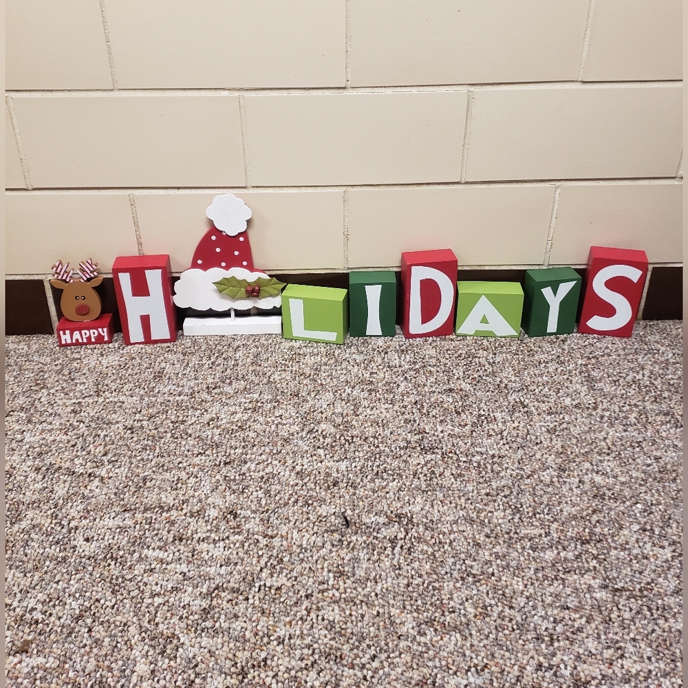 9 Pc Adams & Co Festive Happy Holidays Chunky Block Decor Sign Set